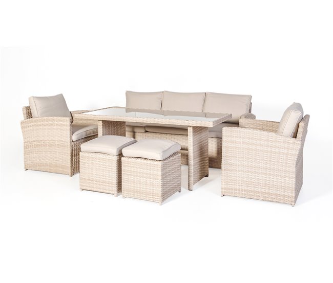 Set AREZZO sofá 3 plazas, 2 sillones, 2 taburetes y mesa beige Beige