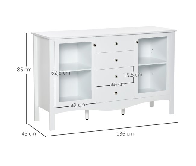 Aparador de Cocina MDF, Vidrio Templado HOMCOM 136 Blanco