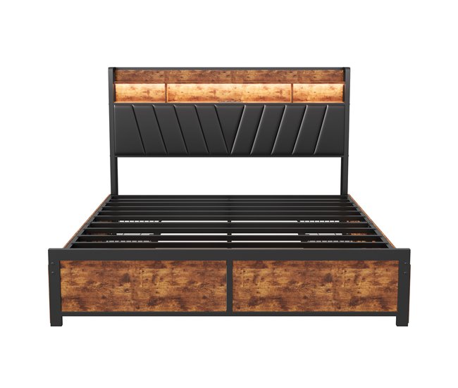 Cama de metal, USB, LED, 4 cajones 160x217 Multicolor