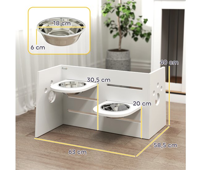 Comedero Perros Elevado MDF, Acero PawHut Blanco