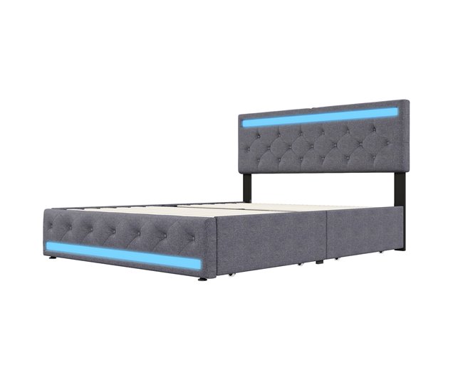 Cama tapizada, LED, 4 cajones, USB 186x210 Gris