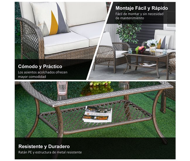 Muebles de Jardín de Ratán Metal, Ratán PE, Poliéster Outsunny Marron
