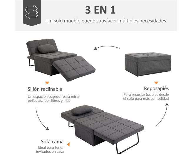 Sofá Cama Lino, Espuma, Metal HOMCOM, hogar - sofás y butacas Gris
