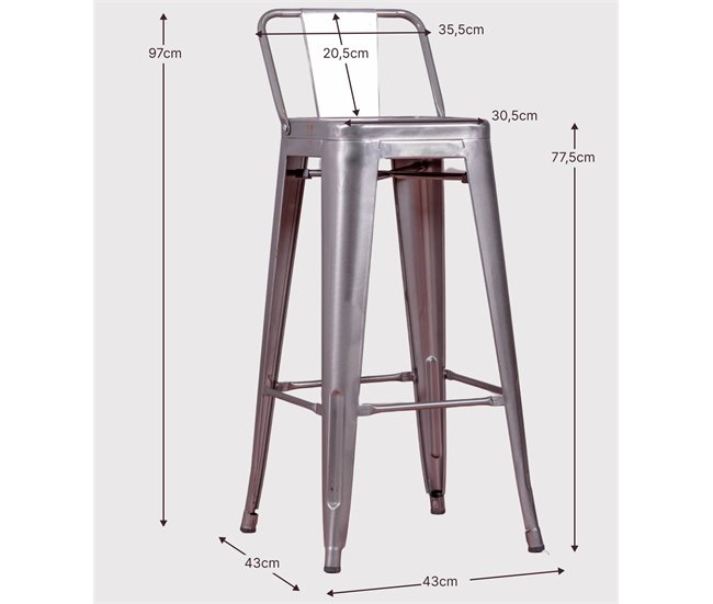 Taburete metálico industrial con respaldo bajo  - Bistro Blanco