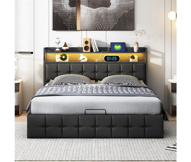 Cama doble con puerto USB, LED y almacenaje. Negro