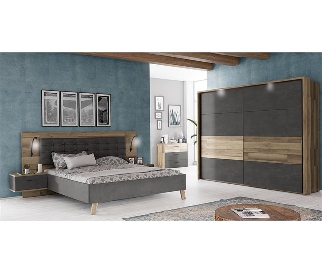 Conjunto cama con cabecero y mesitas de noche RICCIANO Roble