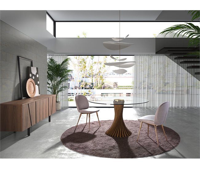 ANGEL CERDA Mesa comedor redonda cristal templado y nogal 130x130 Marron