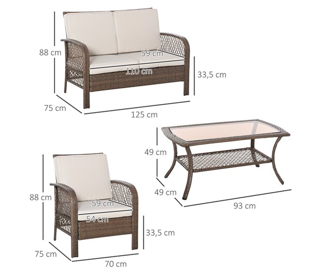 Muebles de Jardín de Ratán Metal, Ratán PE, Poliéster Outsunny Marron