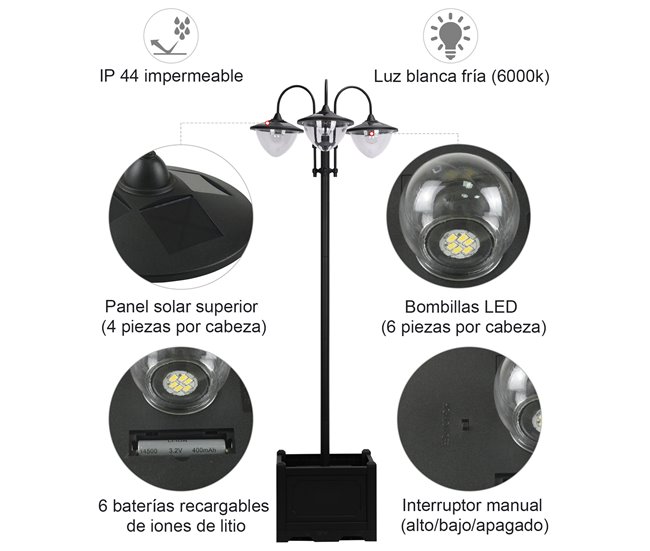 Farol de Jardín PP, ABS, Acero Inoxidable, Aleación de Aluminio Negro