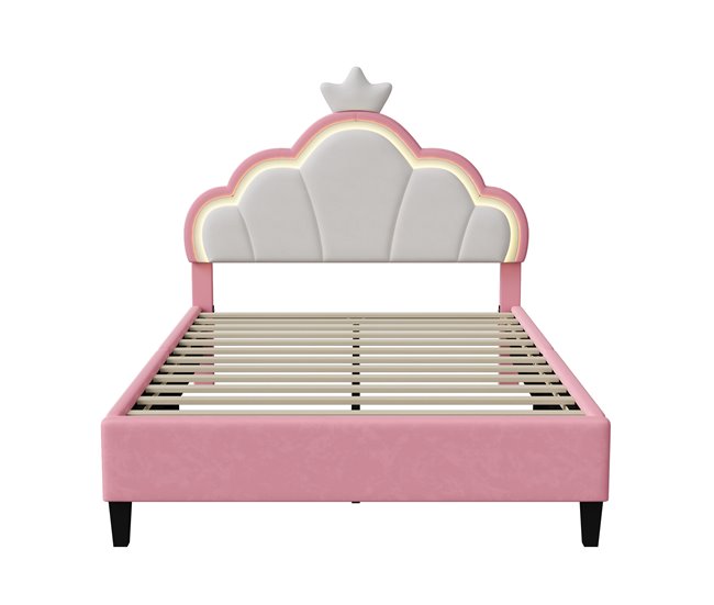 Cama Princesa, con Cabecero Corona Regulable y Luces LED 140x203 Rosa
