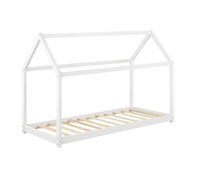 Cama infantil Netstal de madera pino Forma de casa 78x146 Blanco/ Beige