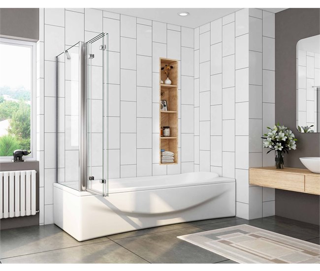 Mampara de Bañera Plegable,3 Hojas+Panel Fijo,Vidrio Templado 6mm Antical, Alture 140cm,Ancho 2cm Ajustable Blanco/ Gris