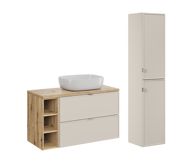Conjunto de muebles con lavabo 3 compartimientos y columna Alba 100 Beige