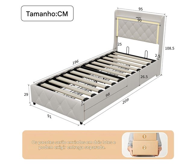 Cama LED, elevación gas, carga USB Beige