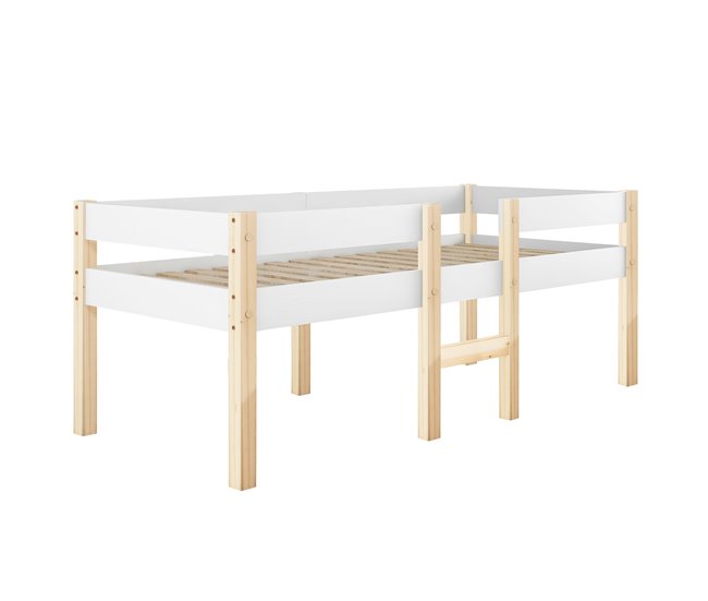 Cama alta infantil de madera de pino 198x97 Blanco/ Madera