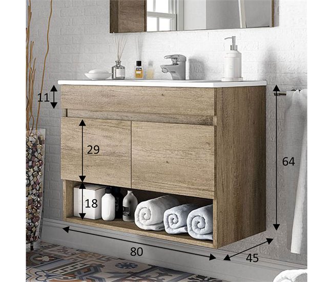 Mueble baño suspendido Clara 2 puertas, espejo y lavabo PMMA, Nordik Madera