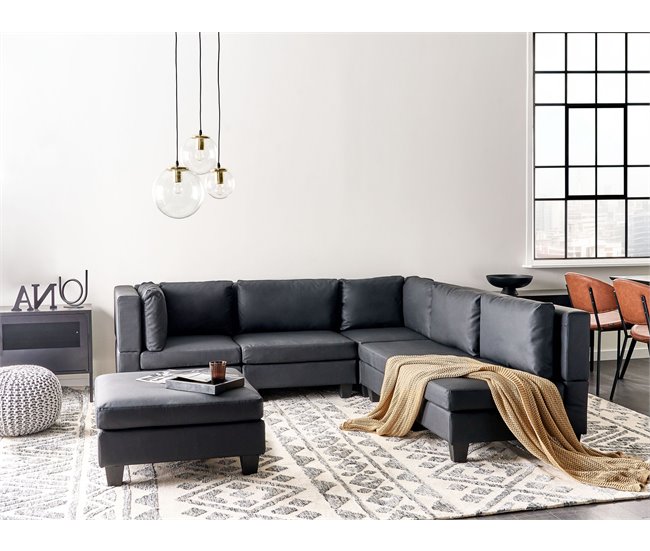 Beliani Sofá esquinero con reposapiés Piel sintética UNSTAD Negro