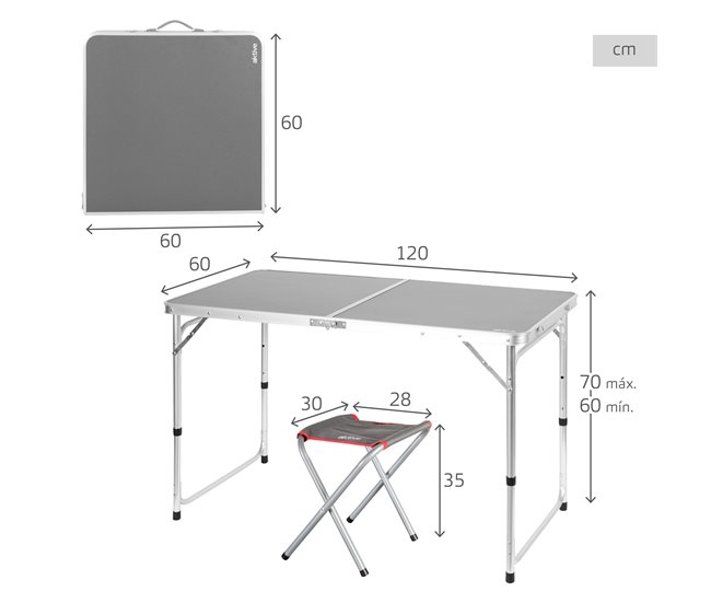 Aktive Mesa plegable regulable aluminio con 4 taburetes Gris