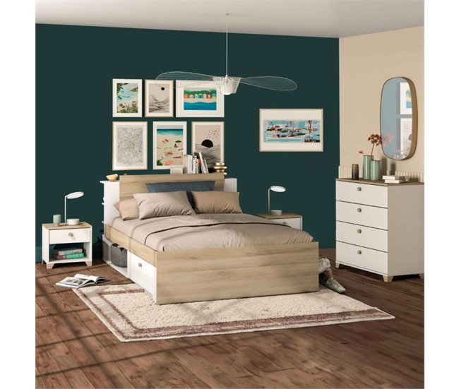 Dormitorio Completo Izzy: Cama, Cómoda y Mesitas Blanco/ Madera