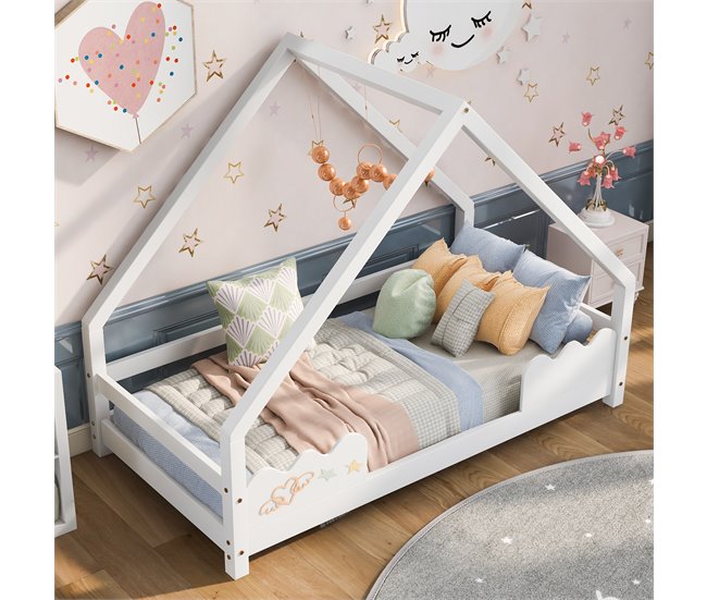 Cama cabaña infantil de madera de pino 206x96 Blanco