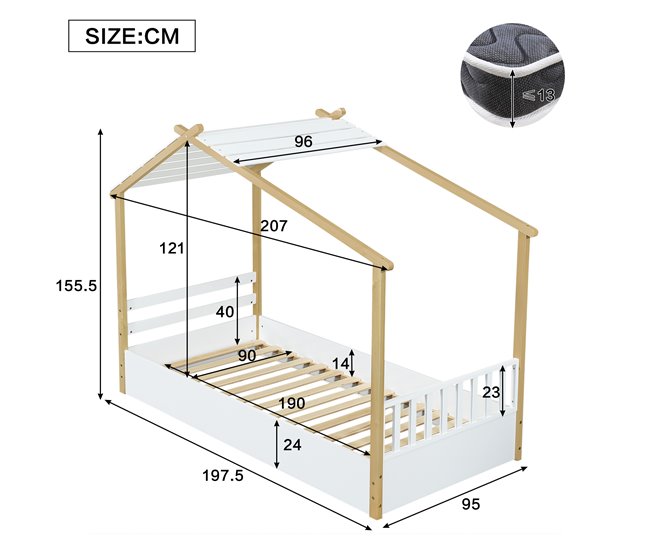 Cama cabaña de madera de pino Natural/ Blanco