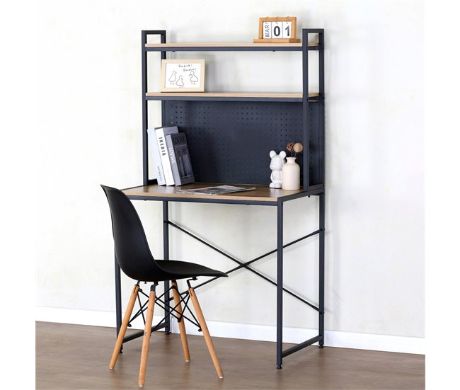 Max Home Escritorio con estantería y tablero perforado madera y acero Negro/ Madera