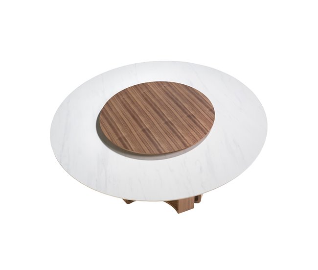 ANGEL CERDA Mesa comedor redonda mármol porcelánico y nogal 150x150 Natural/ Blanco