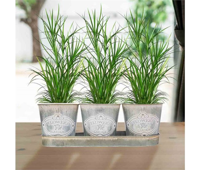 3 Cubos de metal y Bandeja Gris