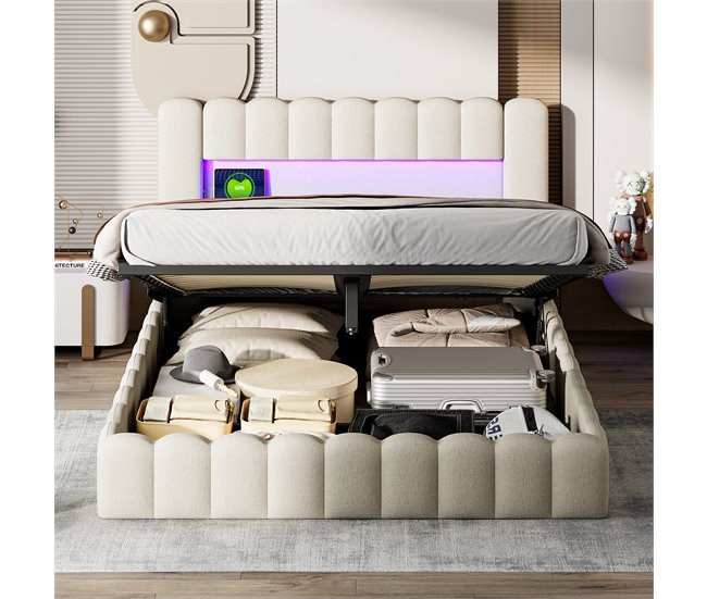 Cama, cama hidráulica, USB, iluminación LED, cama doble 193x220 Beige