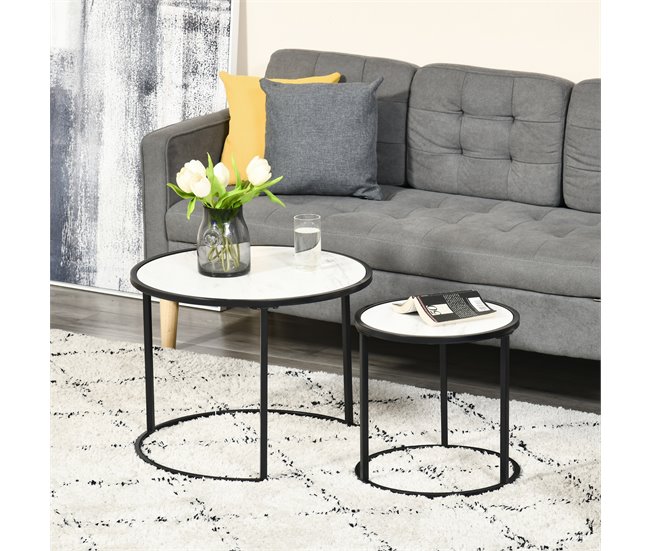 Juego de 2 Mesas Auxiliares Acero y MDF HOMCOM 60x60 Blanco