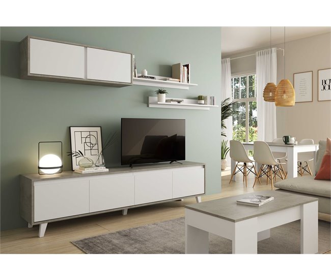 Mesa de centro elevable LINE II blanco y cemento Blanco/ Gris