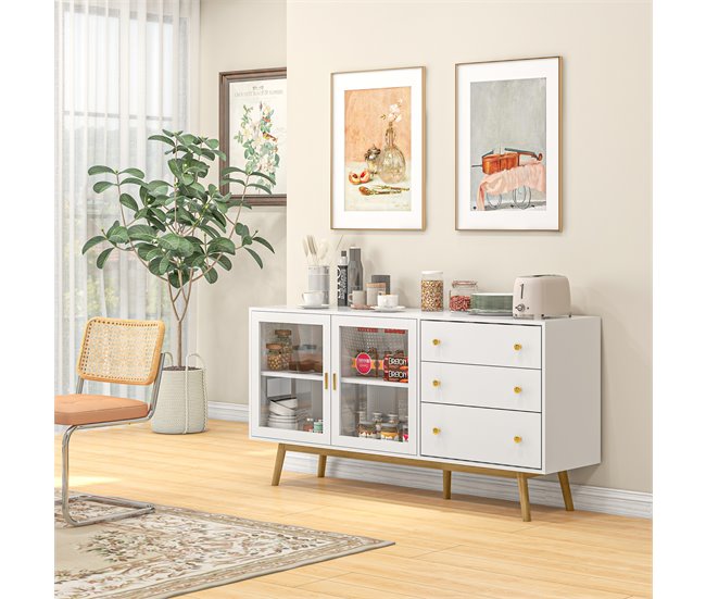 Aparador de Cocina MDF, Vidrio, Madera de Caucho HOMCOM 160 Blanco