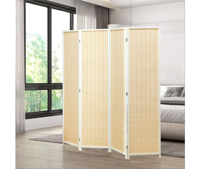 Biombo Separador Madera de Pino, Bambú HOMCOM, hogar - decoración Blanco