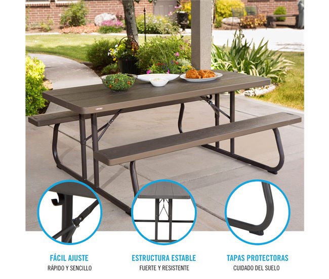 Mesa con bancos plegable ultrarresistente marrón LIFETIME 183x76x74 cm UV100 Gris