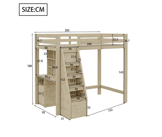 Cama alta para niños 126x205 Natural