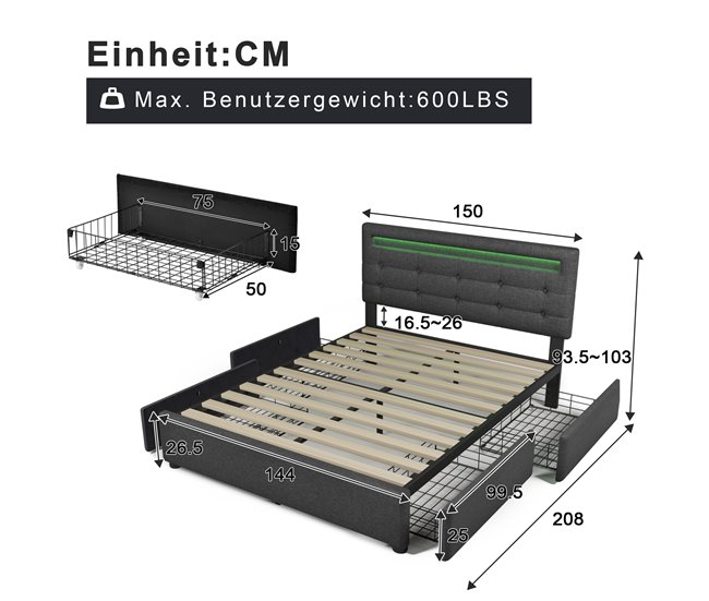 Camas de matrimonio 150x208 Gris