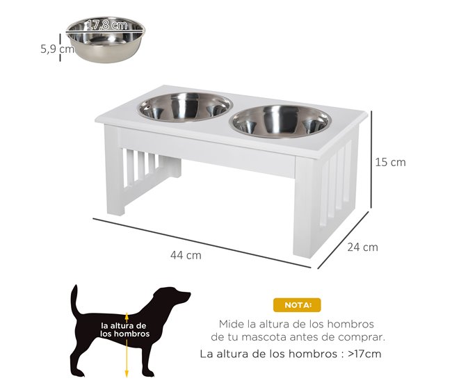 Comedero Elevado para Perros Acero Inoxidable, MDF PawHut Blanco