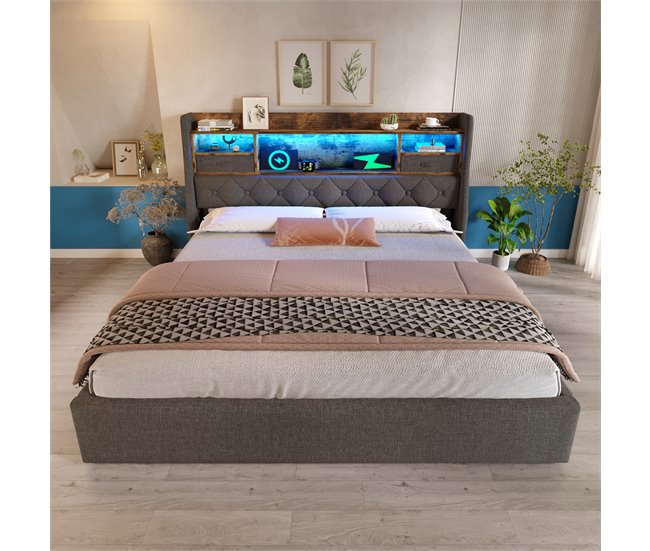 Cama de matrimonio de lino 193x221 Gris
