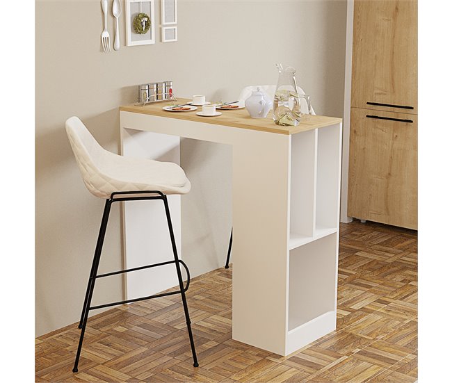 Mesa de cocina alta fija con estantes CLARA Blanco/ Madera