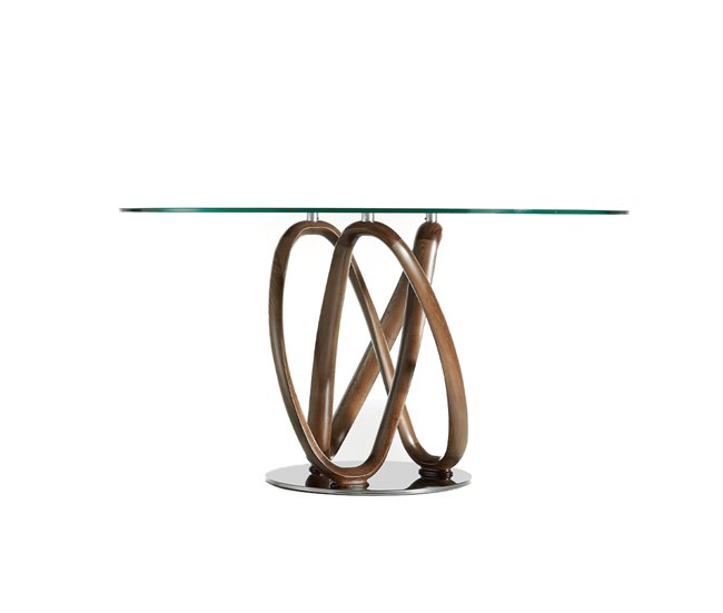 ANGEL CERDA Mesa comedor redonda cristal templado y nogal 130x130 Nogal