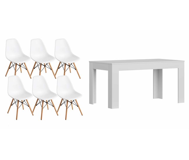 Mesa Extensible de Comedor o Cocina + 6 Sillas Estilo Nordico 178x80 Blanco