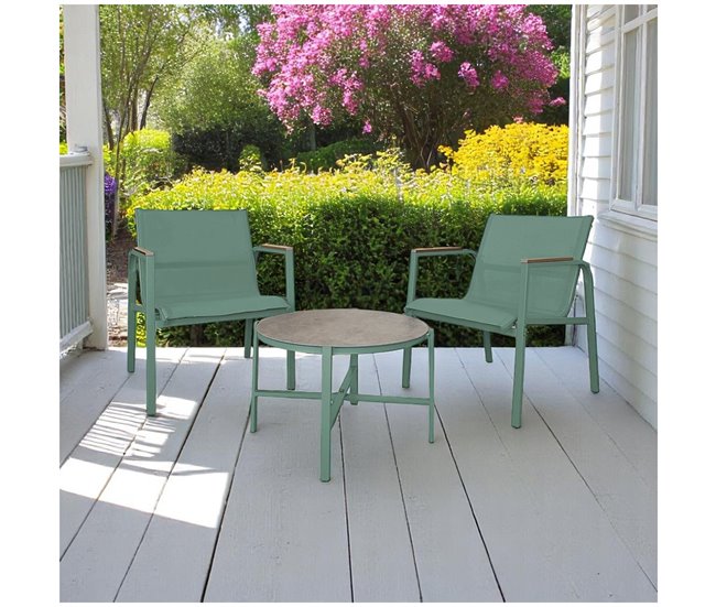 Acomoda Textil – Conjunto Jardín de 2 Sillones + Mesa Verde