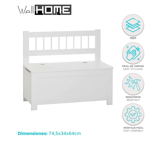 Well Home Banco de almacenamiento arcón infantil de madera Blanco