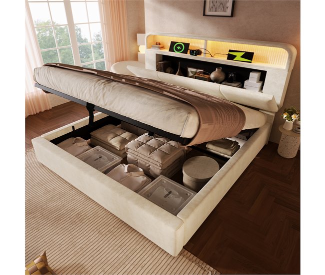 Cama con almacenaje de terciopelo 185x211 Beige