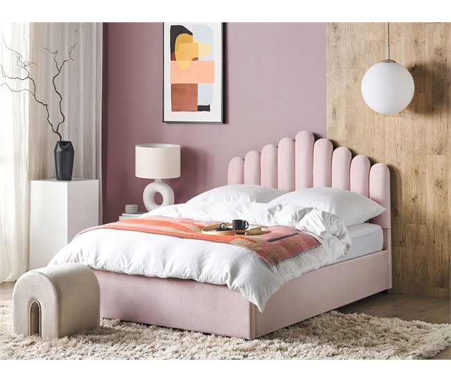 Beliani Cama con almacenaje Terciopelo VINCENNES 147x214 Blanco/ Beige