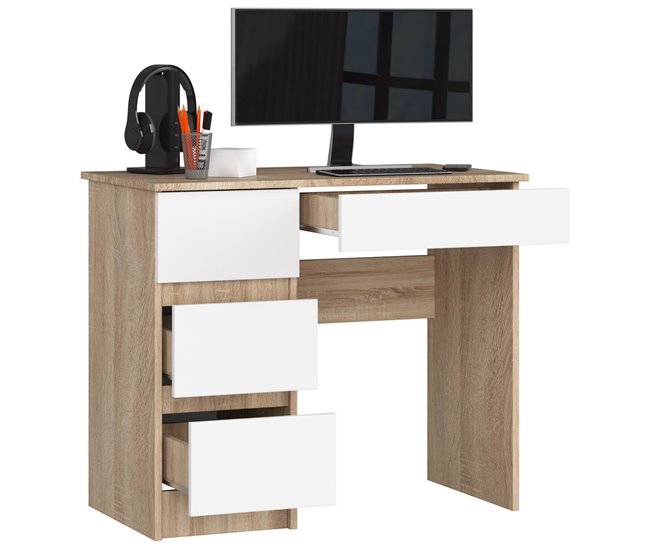 Escritorio A-7 AKORD 4 cajones Roble Sonoma, Blanco 90x50 Blanco/ Madera