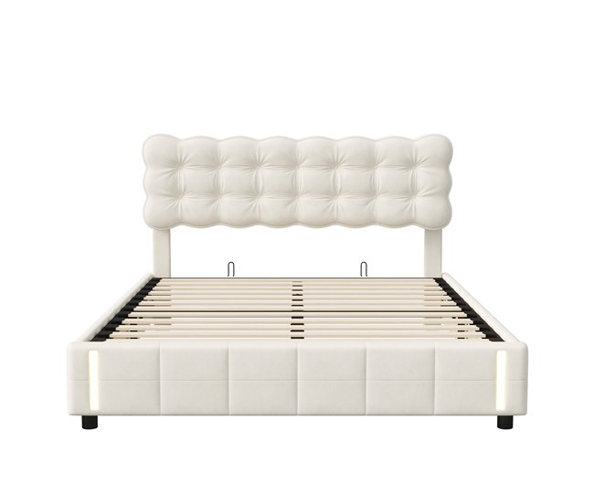 Cama tapizada, luces LED, espacio de almacenamiento Beige