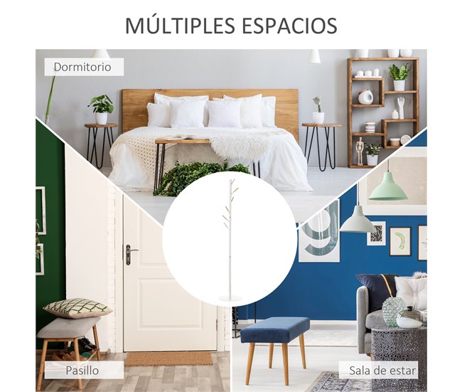 Perchero de Pie Metal, Madera Maciza HOMCOM Blanco