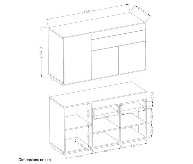 Bufé 3 puertas 1 cajón Andrea 150 Blanco/ Madera