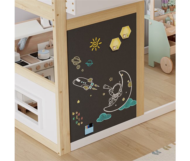 Cama alta de madera de pino Natural/ Blanco